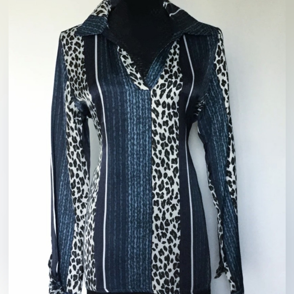 Bella Amore Silk viscose Collared Multi Leopard Print Blouse black grey  medium